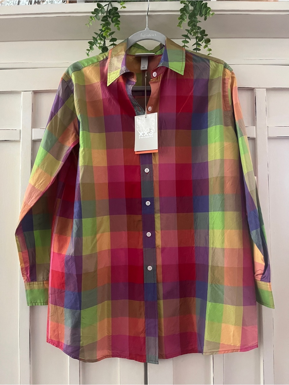 Isaac Mizrahi Multi Color Plaid Button Down L/S 100% Silk Small nwts